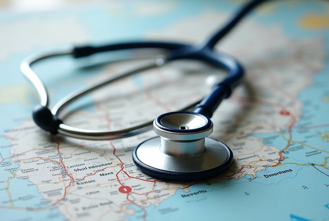 Conceptual editorial illustration of a stethoscope over a map of Pennsylvania