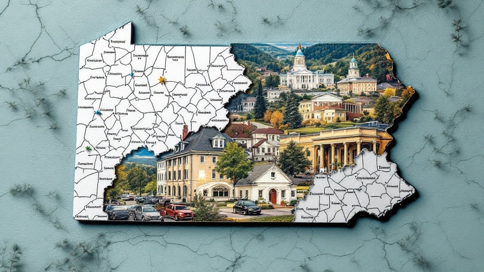 Stylized Pennsylvania county map with rural/urban contrast shading