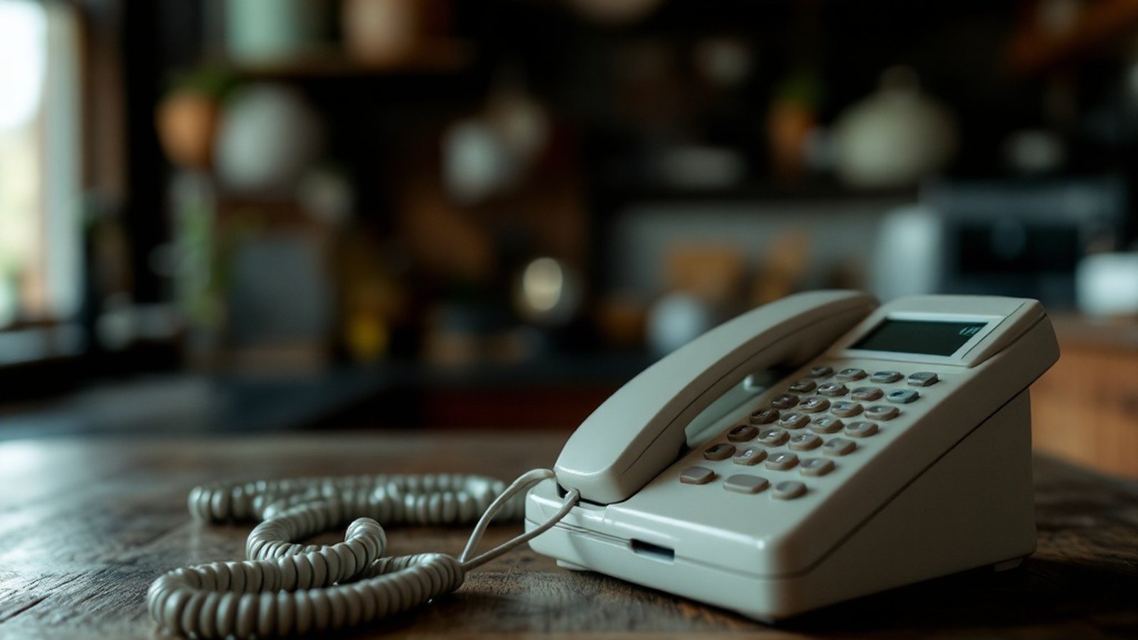 A landline or basic mobile phone on a rural kitchen table