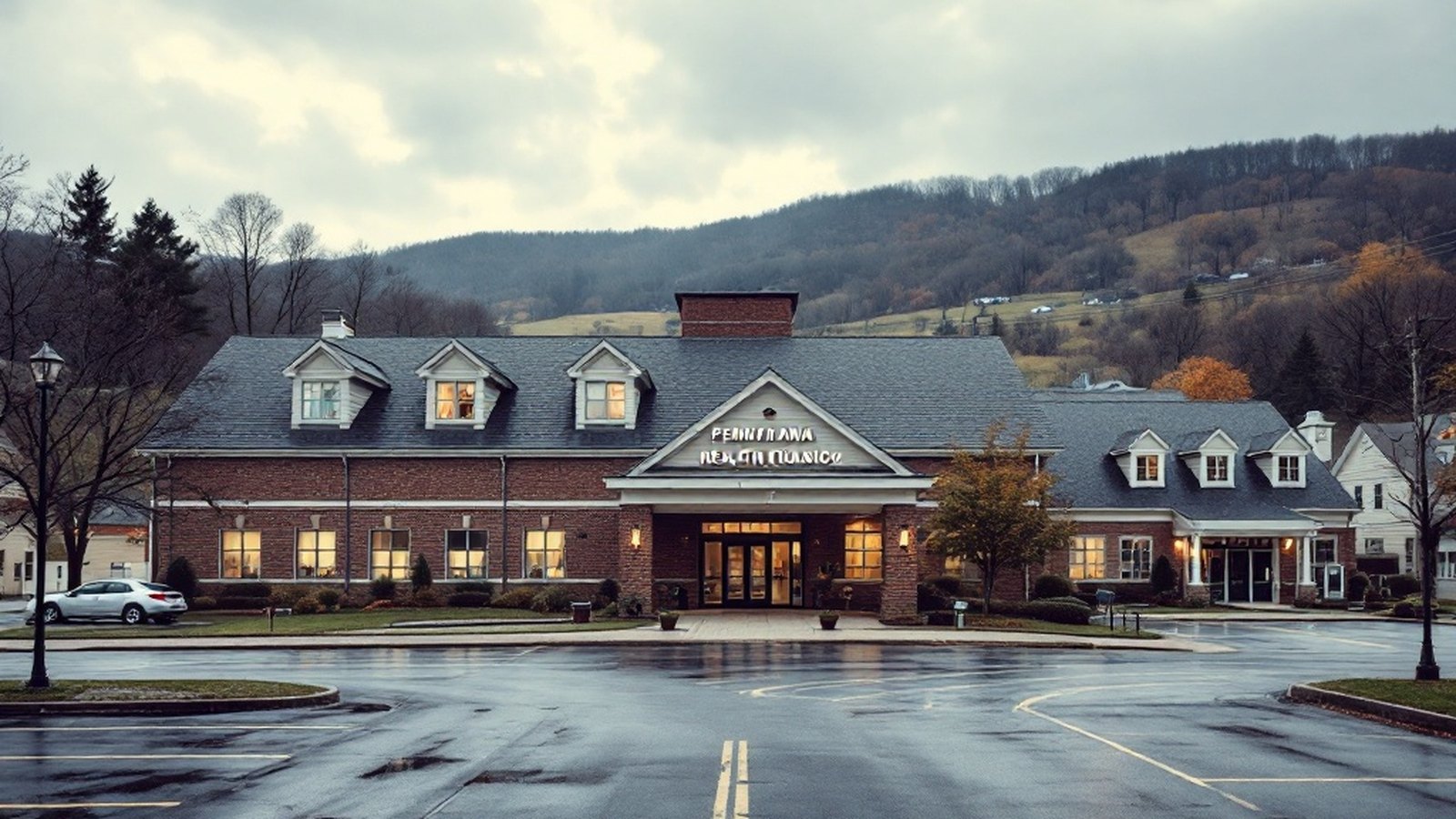 Wide editorial shot of a community hospital exterior in a Pennsylvania small town