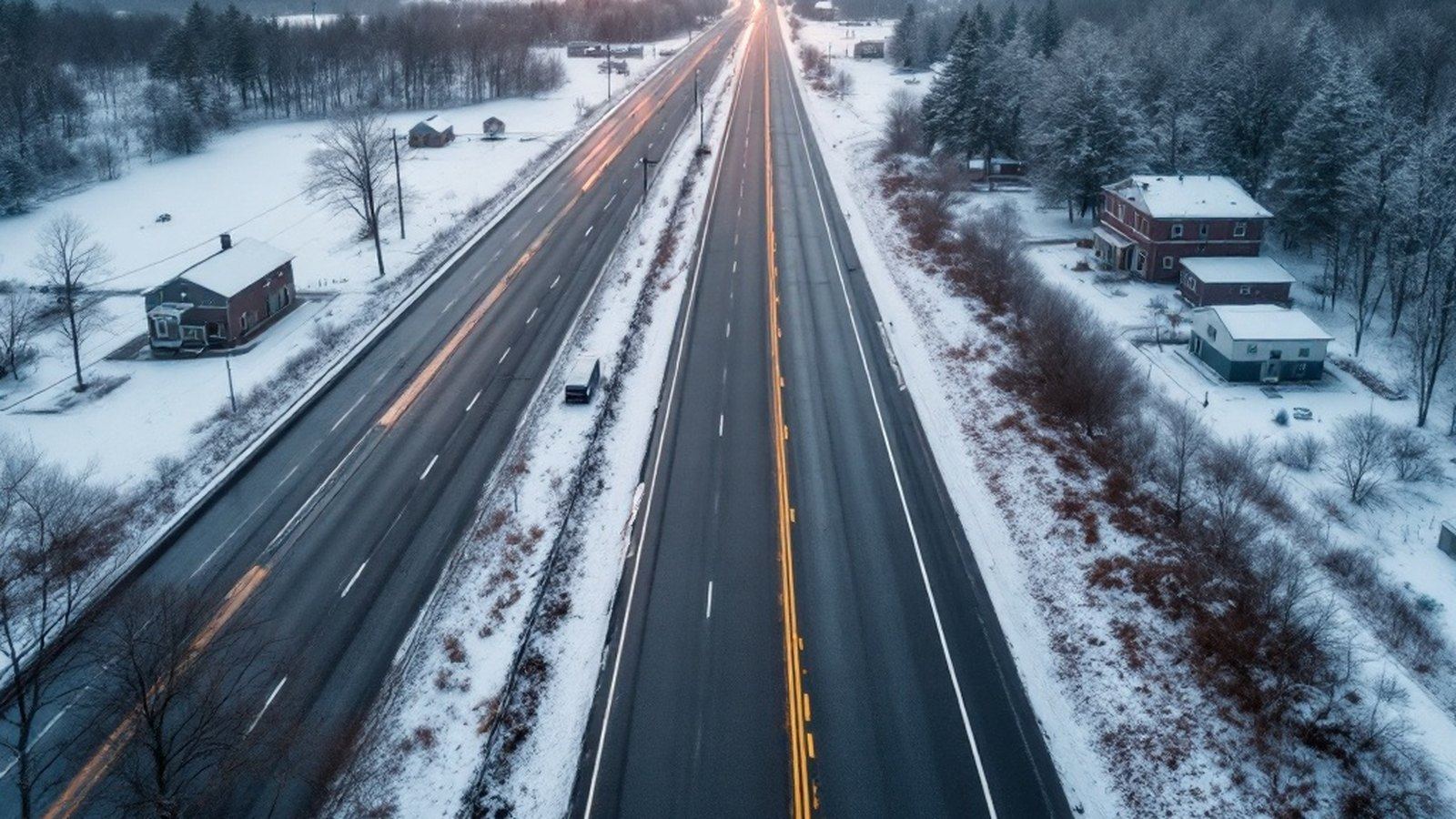 Aerial or wide-angle view of an empty rural Pennsylvania highway in winter