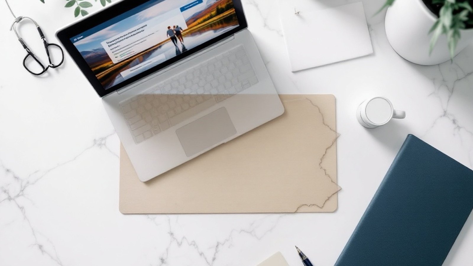 Conceptual flat-lay of an insurance card, laptop showing an enrollment screen, and a Pennsylvania outline graphic