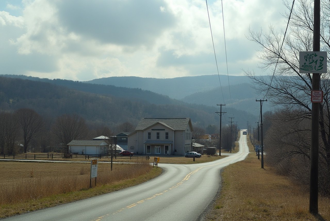Rural Pennsylvania landscape with limited connectivity signage