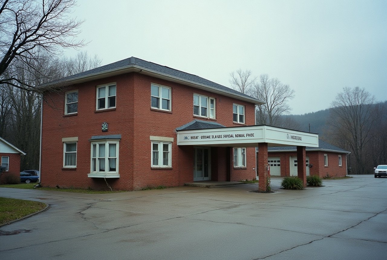 Exterior of a small rural hospital, daytime