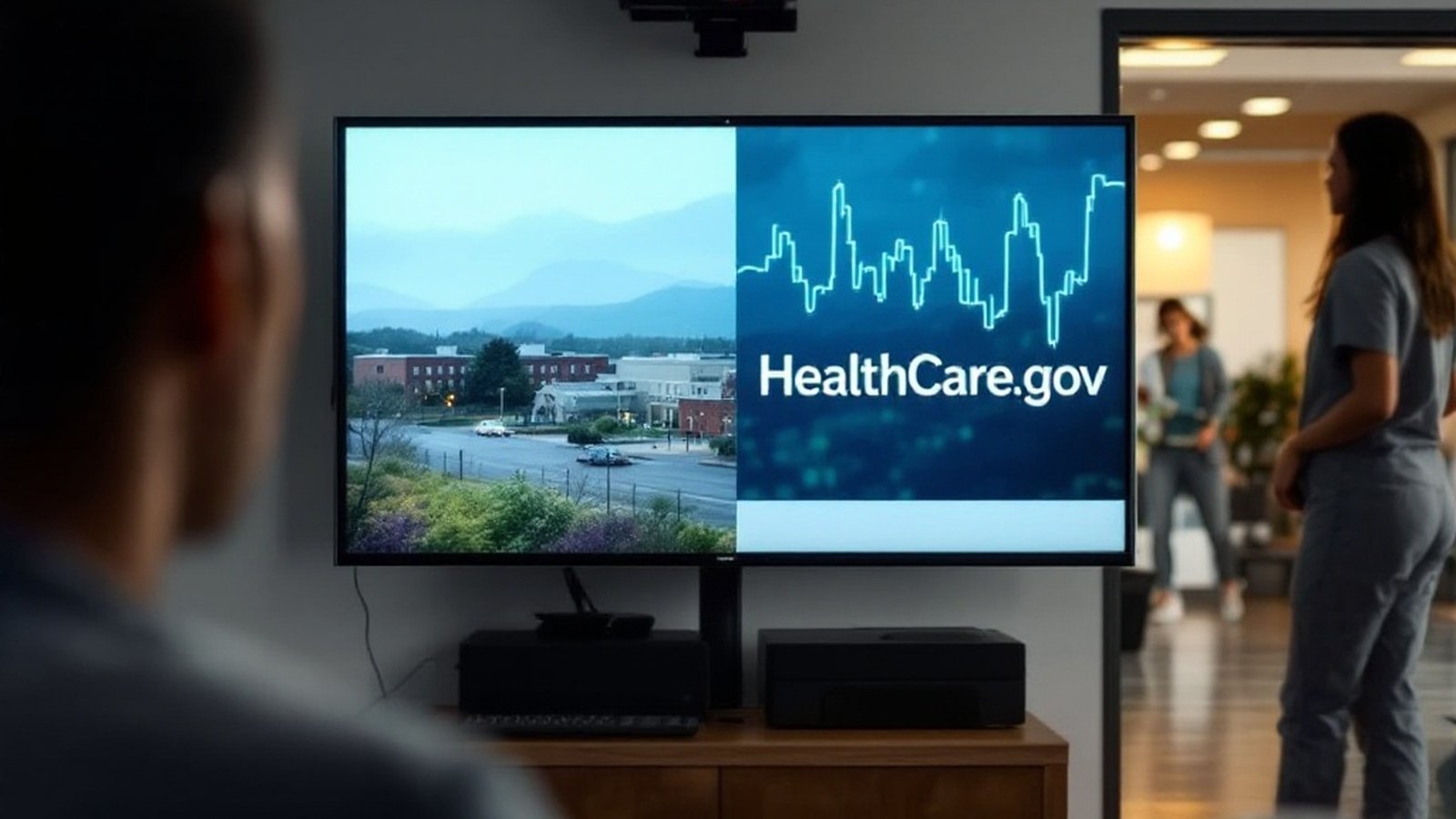 Split-screen graphic: Pennie logo/branding alongside HealthCare.gov visual