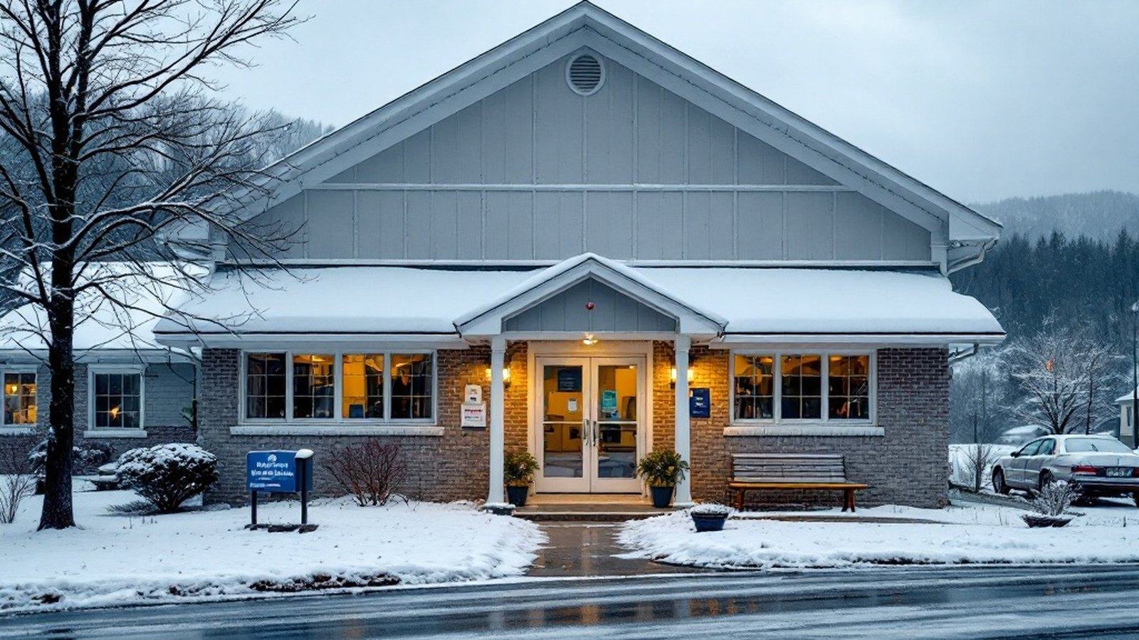 Exterior of a rural Pennsylvania community health clinic in winter