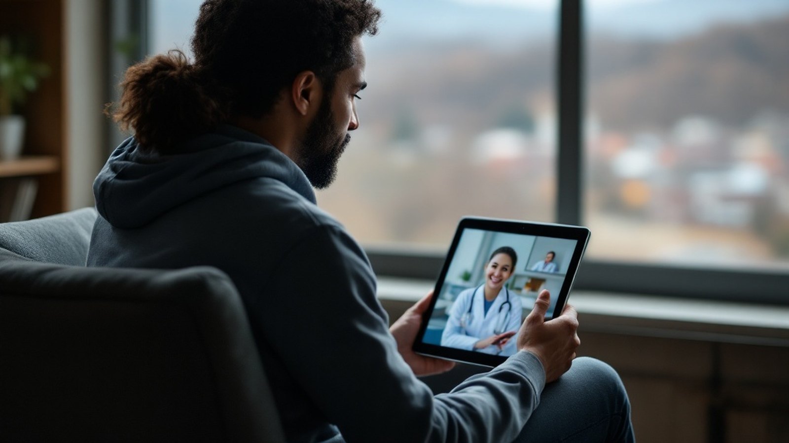 Person on a video call with a healthcare provider on a tablet or laptop