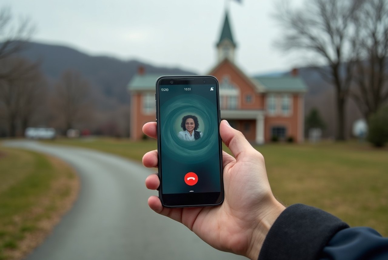 Conceptual illustration of a smartphone with video call interface against a rural backdrop