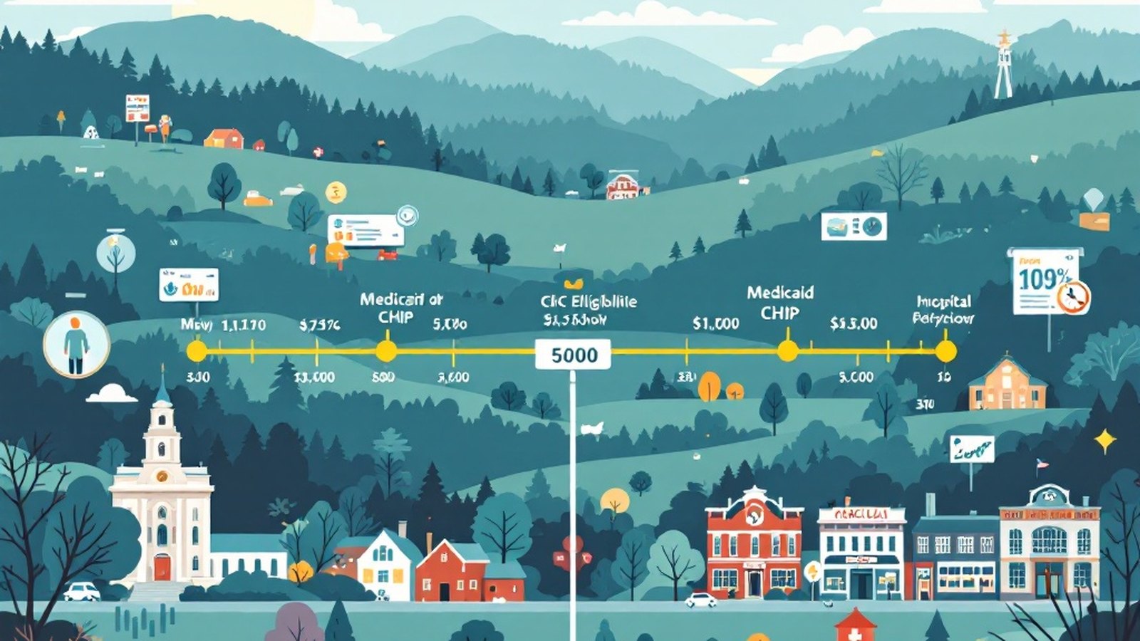 Simple illustrated graphic comparing Medicaid and CHIP eligibility bands on an income scale