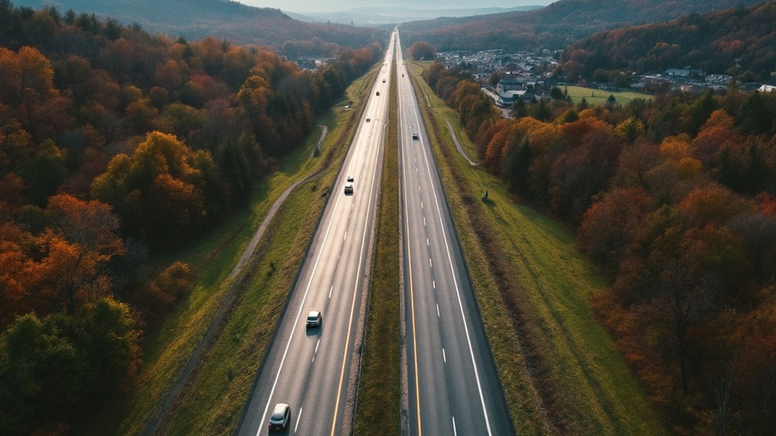 Aerial or road-level photo of a rural Pennsylvania highway stretching toward a distant small town