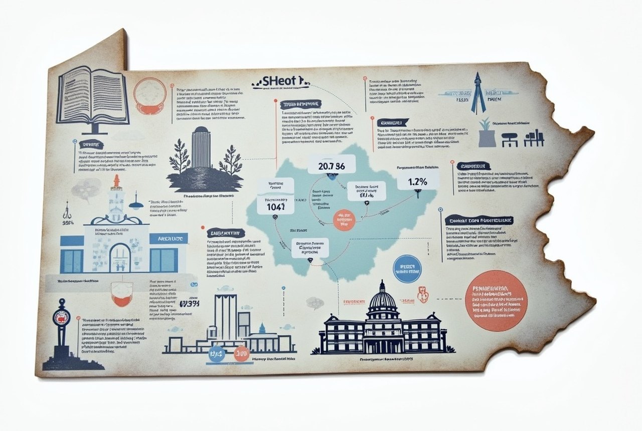 Conceptual editorial graphic: simplified map of Pennsylvania showing health system regional footprints
