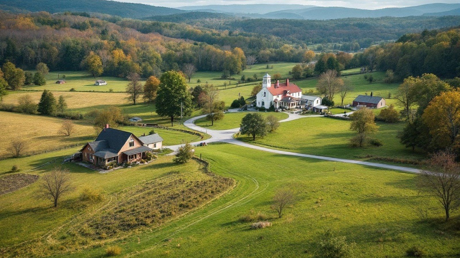 Wide-angle rural Pennsylvania landscape with a farmhouse and no visible infrastructure