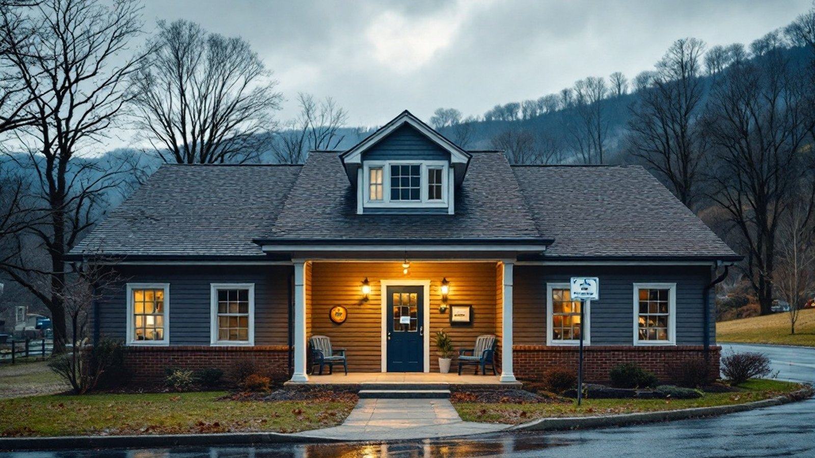 Exterior of a small rural Pennsylvania hospital on a grey day
