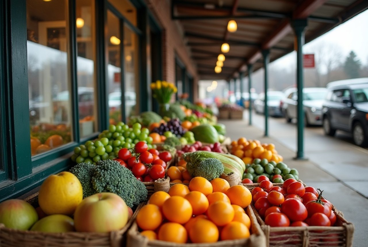 Editorial image of fresh produce at a farmers' market or empty rural storefront