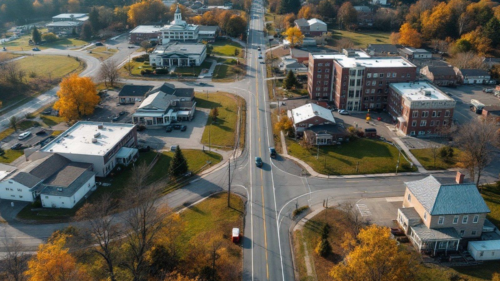 Aerial or street-level photo of a rural Pennsylvania county road or small-town main street