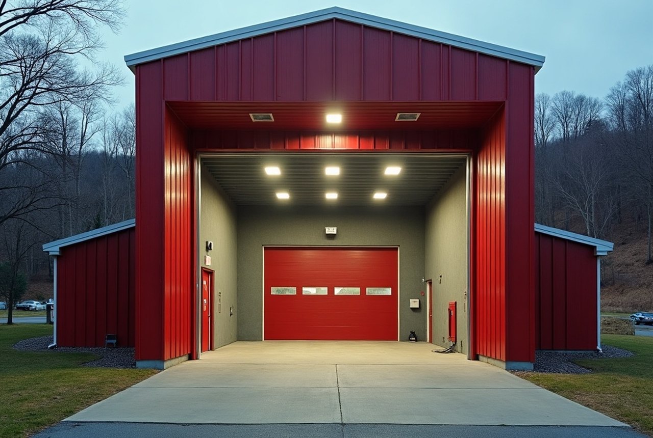 Empty fire hall bay or unmanned ambulance bay exterior