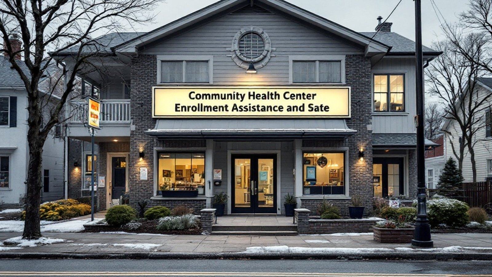 Wide street-level photo of a community health center or enrollment assistance site exterior