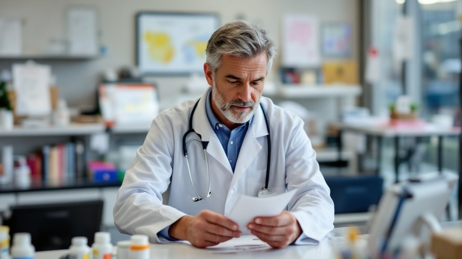 A pharmacist reviewing medication labels at a dispensing counter