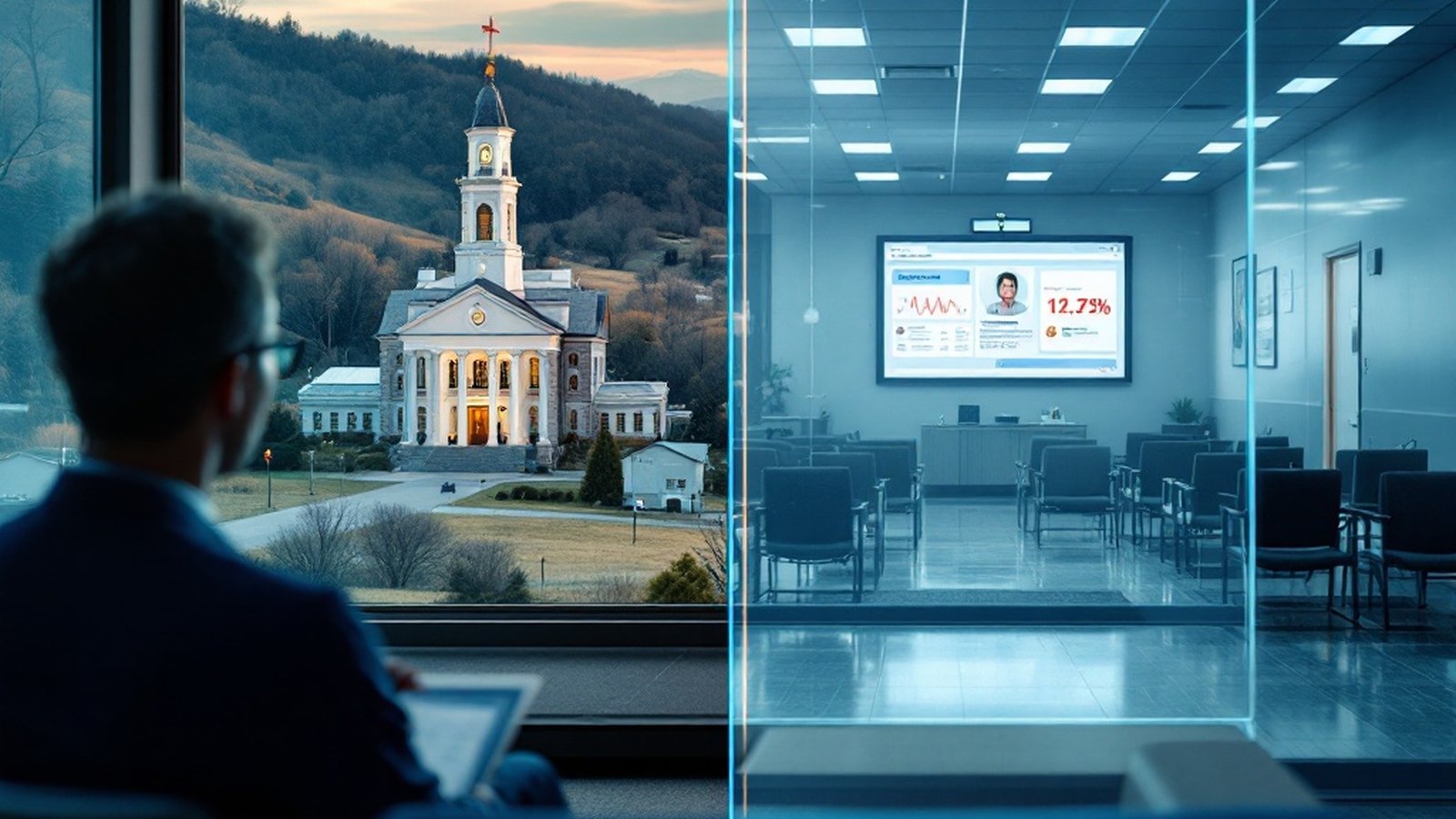 Split-screen conceptual illustration of a video call on one side, a clinic waiting room on the other
