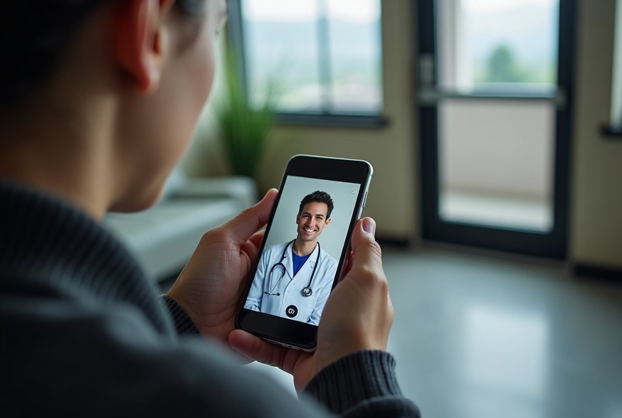 Close-up of a smartphone screen showing a telehealth video call interface (no identifiable faces)