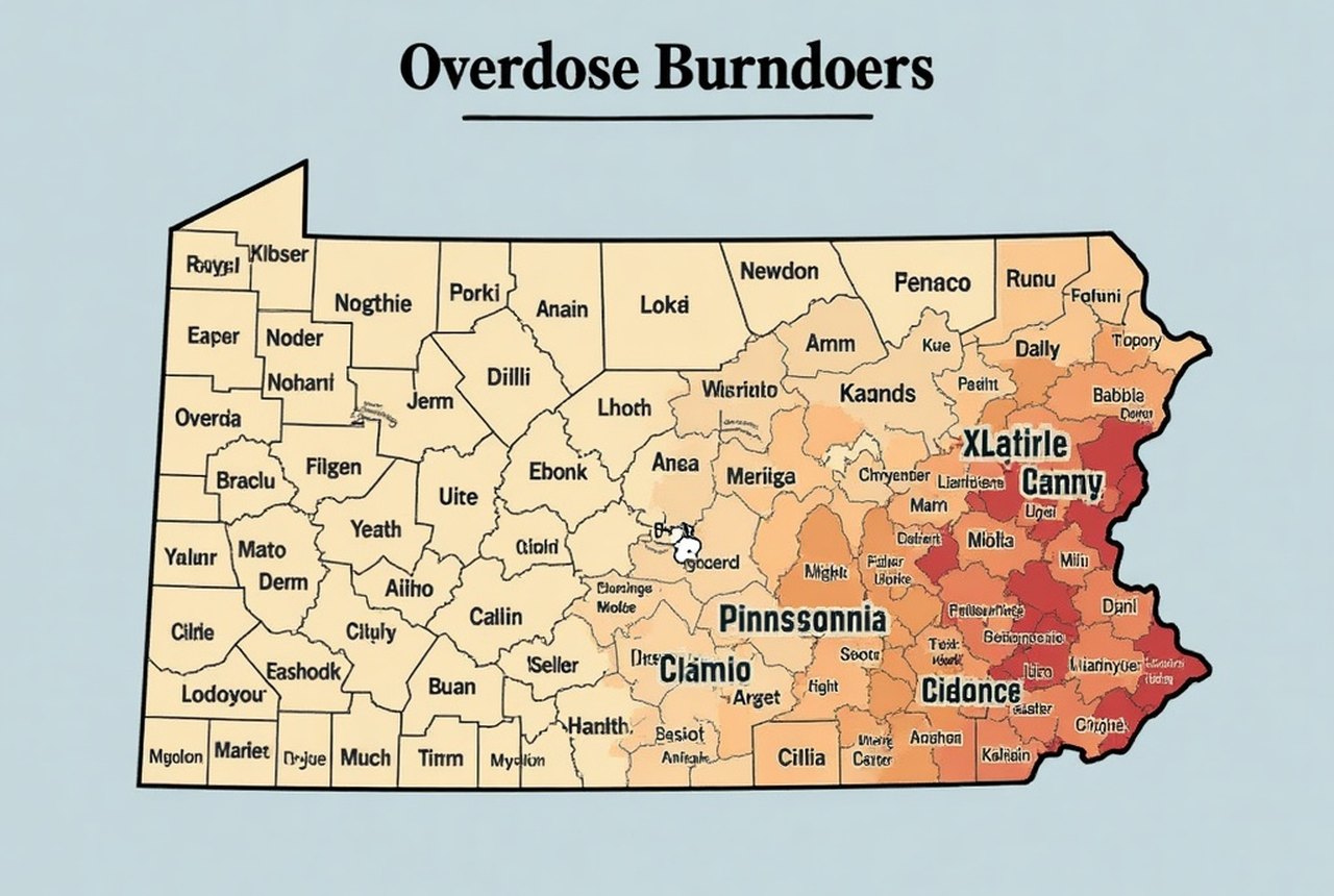 Conceptual editorial graphic: Pennsylvania county map with shading indicating overdose burden