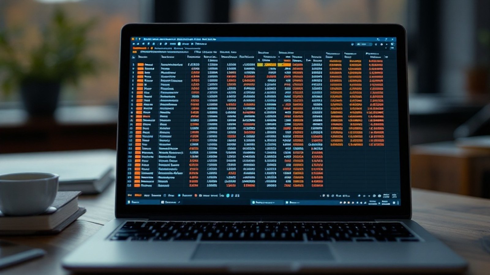 Wide shot of a spreadsheet on a laptop screen, anonymized rows of numbers
