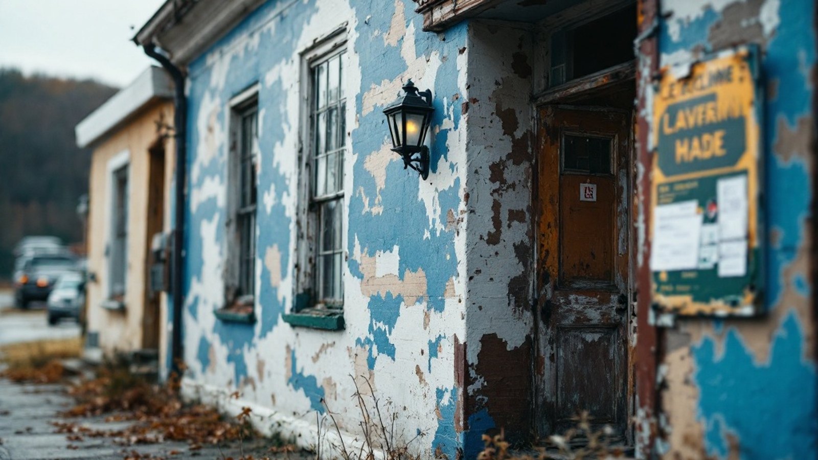 Exterior of an aged row home with peeling paint