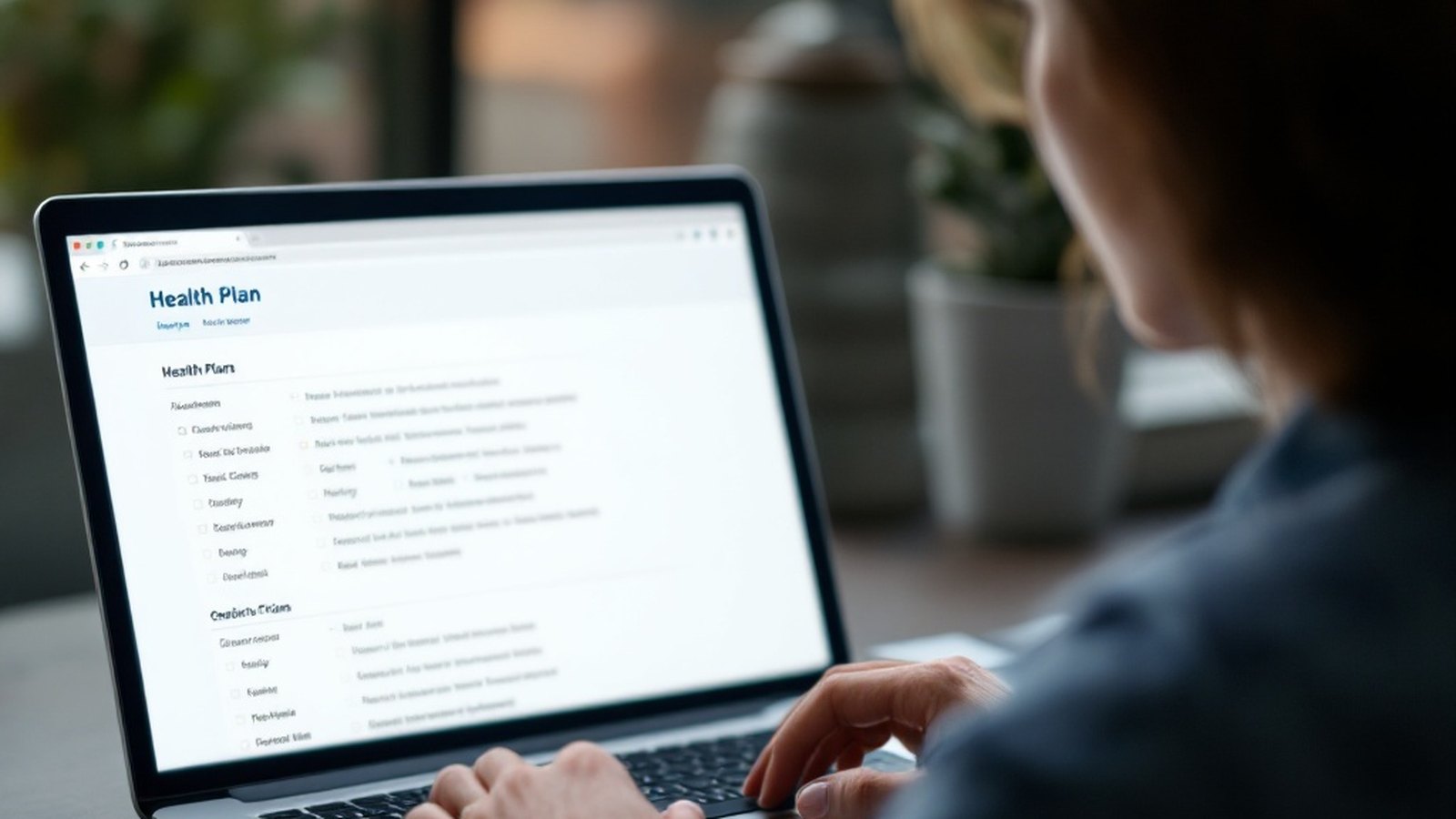 Wide editorial shot of someone reviewing health plan options on a laptop