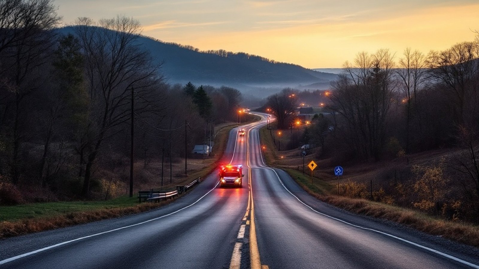 Rural two-lane road at dusk, no ambulance or identifiable persons