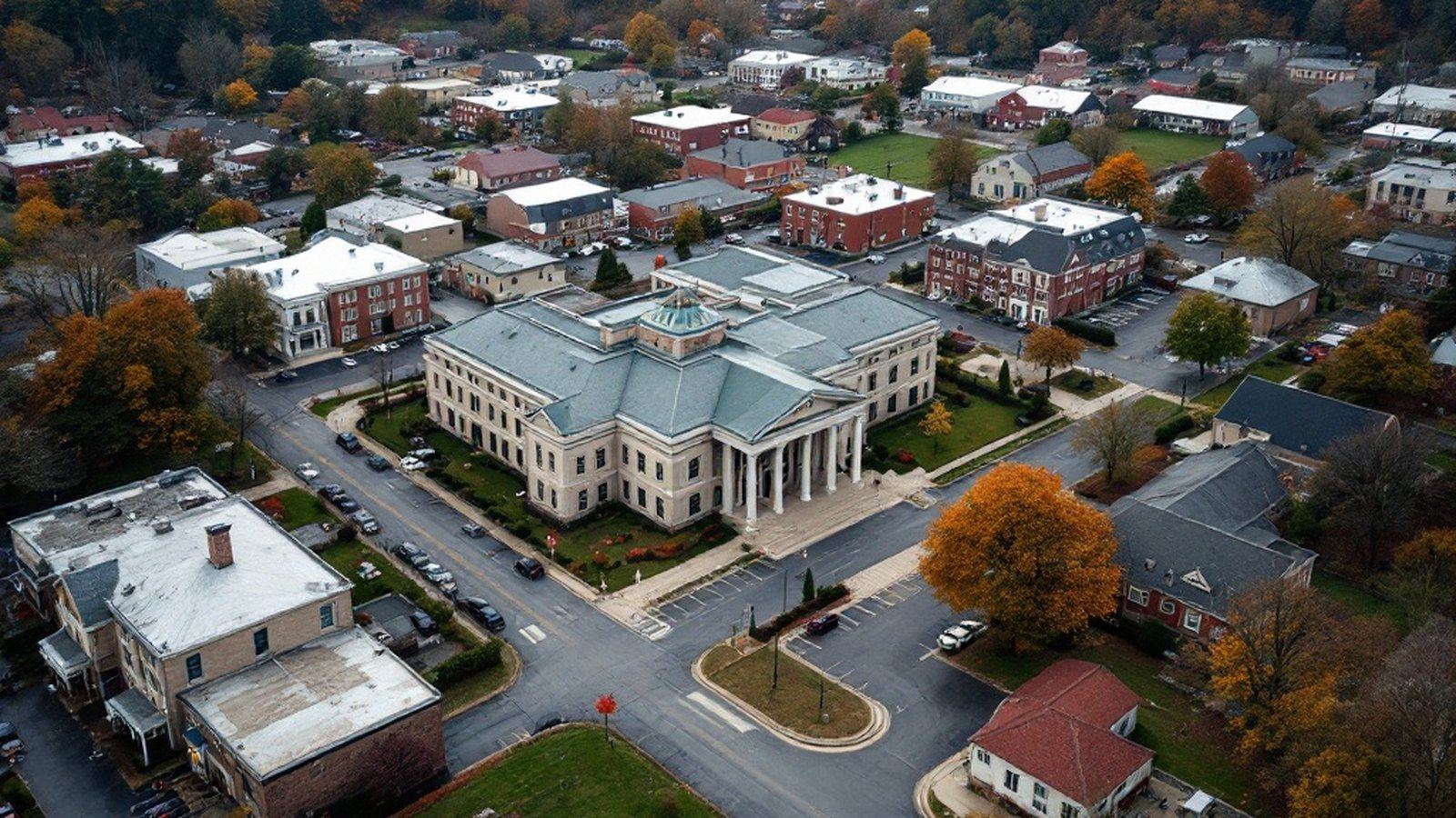 Aerial view of a mid-size Pennsylvania town or county seat