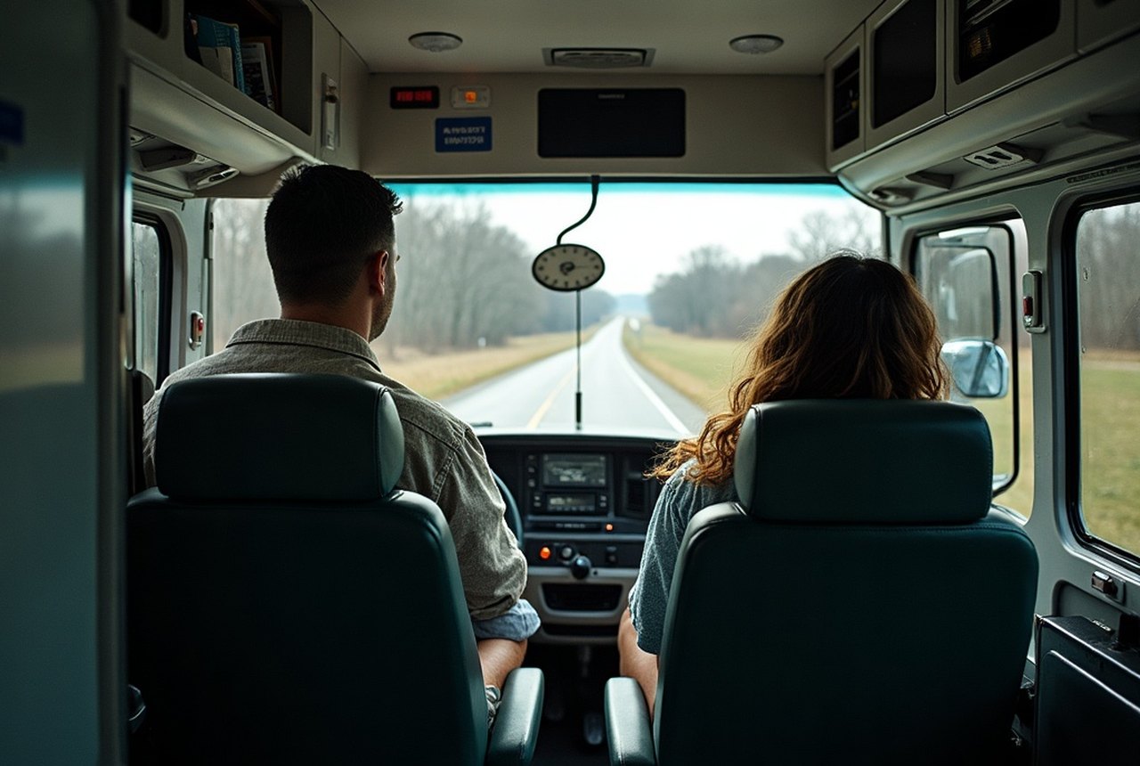 Interior of an ambulance cab or EMS vehicle on a rural road